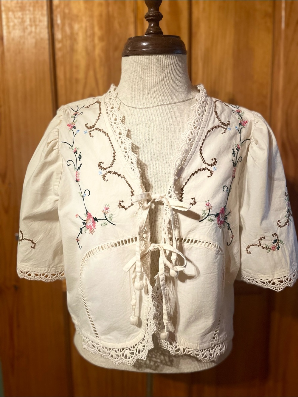 Crochet Trim Embroidered Tie-Front Blouse - Cream with Pink Floral